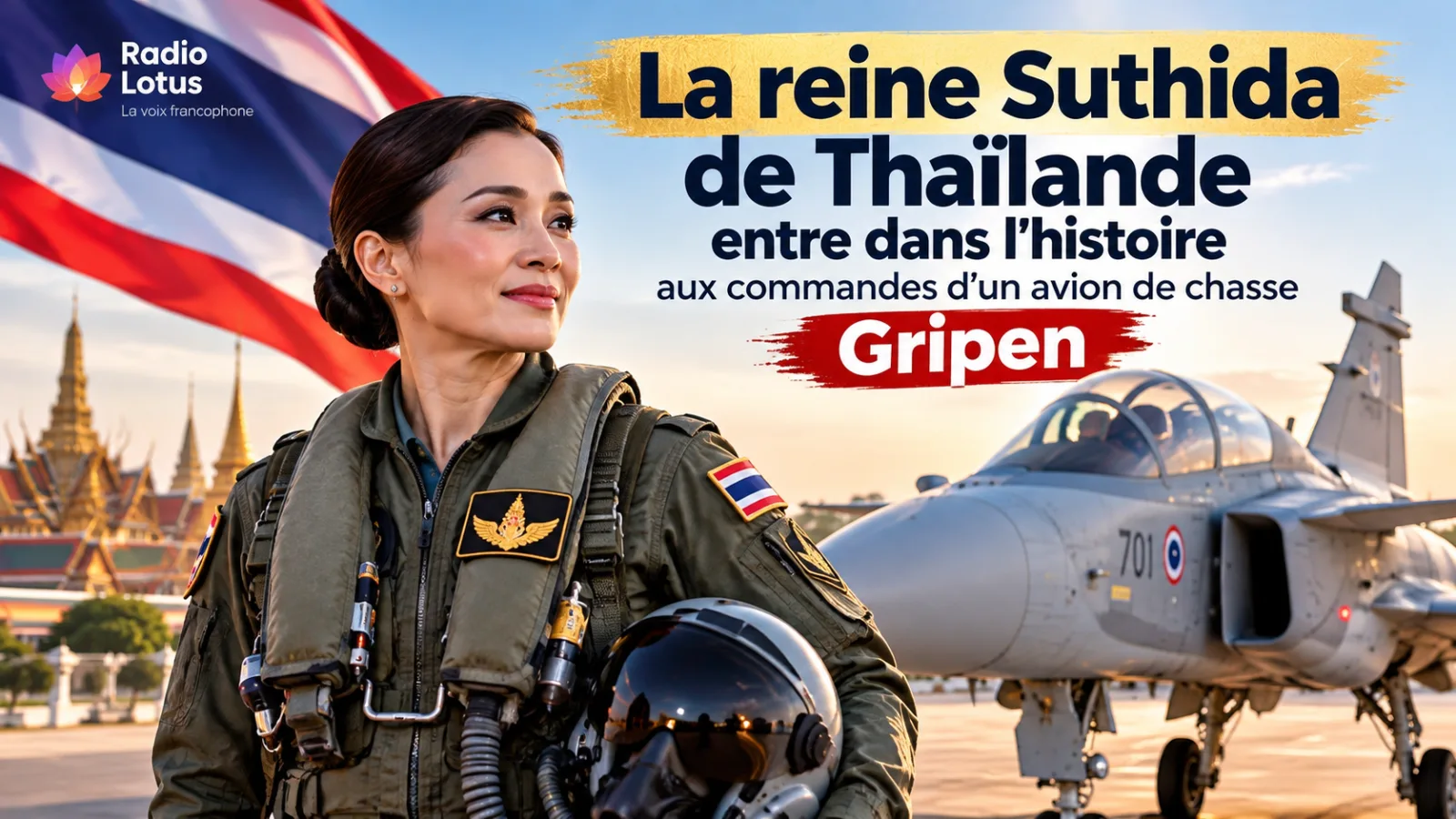 La reine Suthida de Thaïlande aux commandes d'un avion de chasse Saab JAS 39C Gripen en octobre 2026