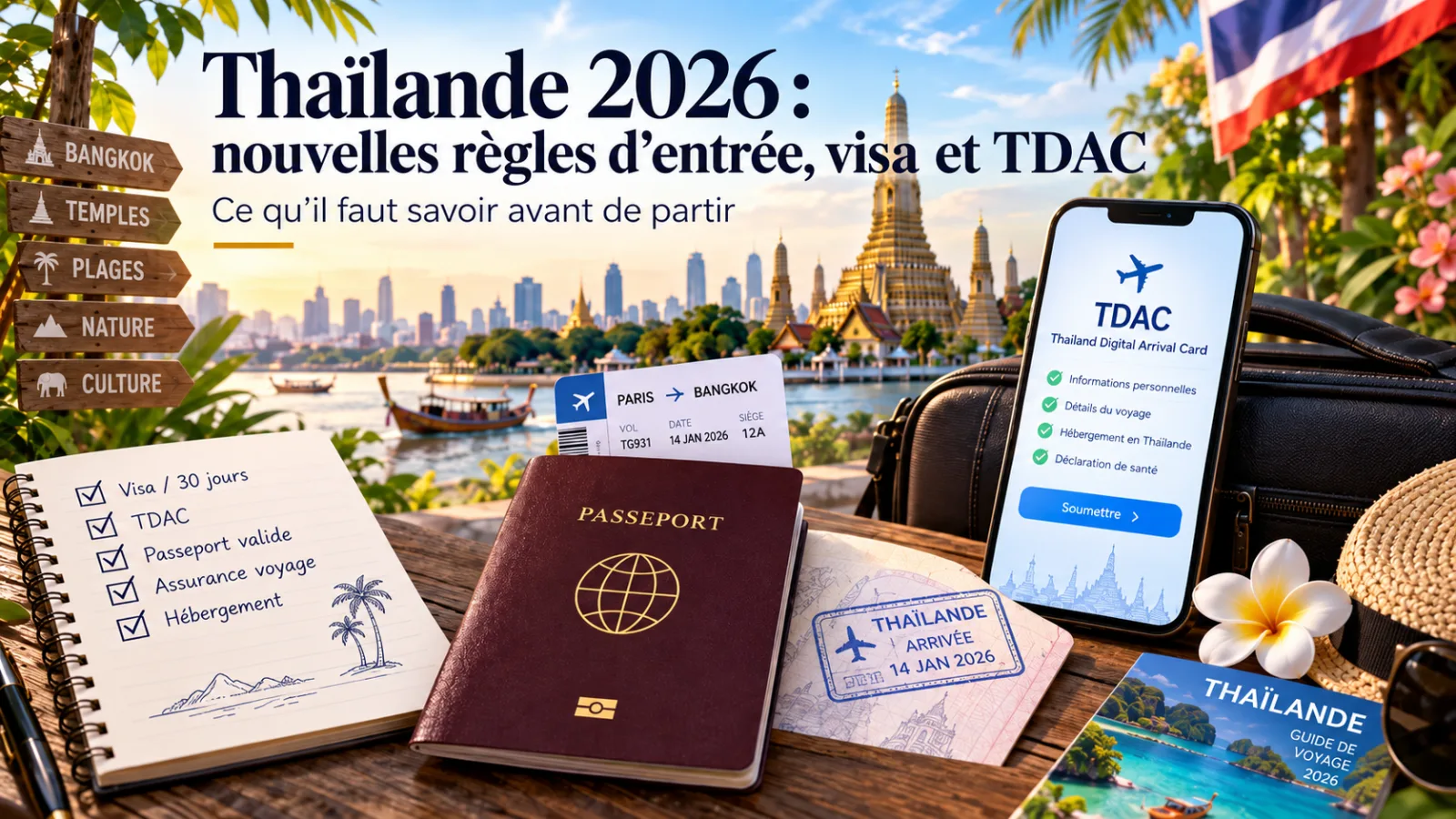 Voyage en Thaïlande en 2026 avec temple, plage et paysage tropical