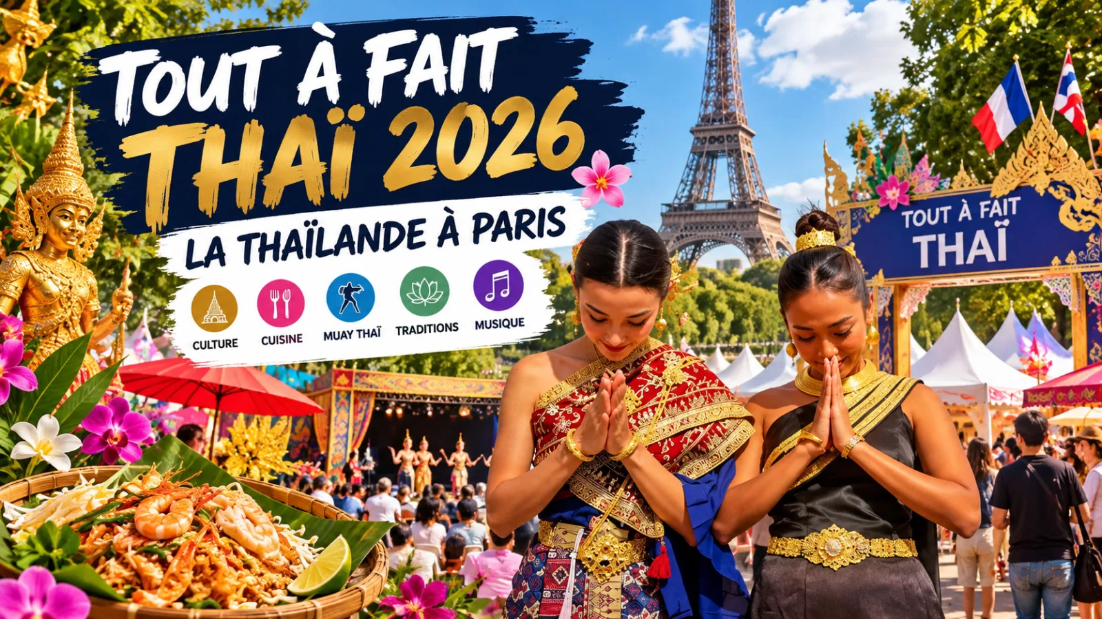 Festival Tout à fait Thaï 2026 à Paris avec des danseuses thaïlandaises devant la tour Eiffel